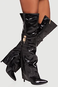 Lock Charm Thigh High Pointed Toe Stiletto Heel Boots
