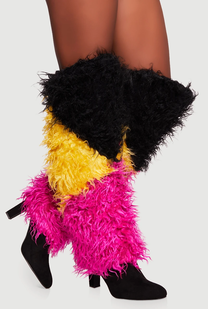 Color Blocked Shaggy Faux Fur Knee High Heels