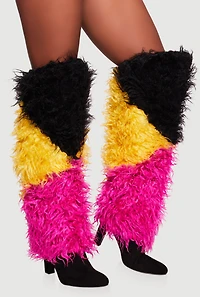 Color Blocked Shaggy Faux Fur Knee High Heels