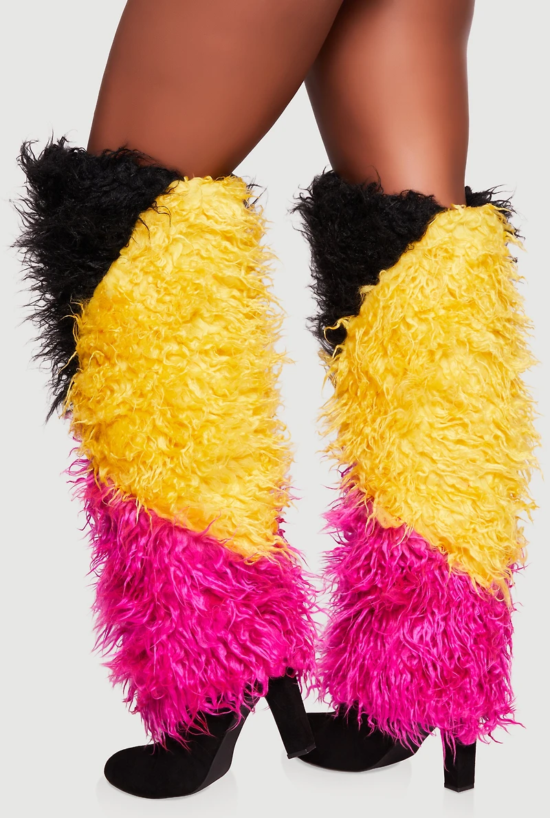 Color Blocked Shaggy Faux Fur Knee High Heels