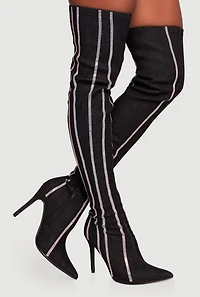 Rhinestone Striped Denim Thigh High Stiletto Boots
