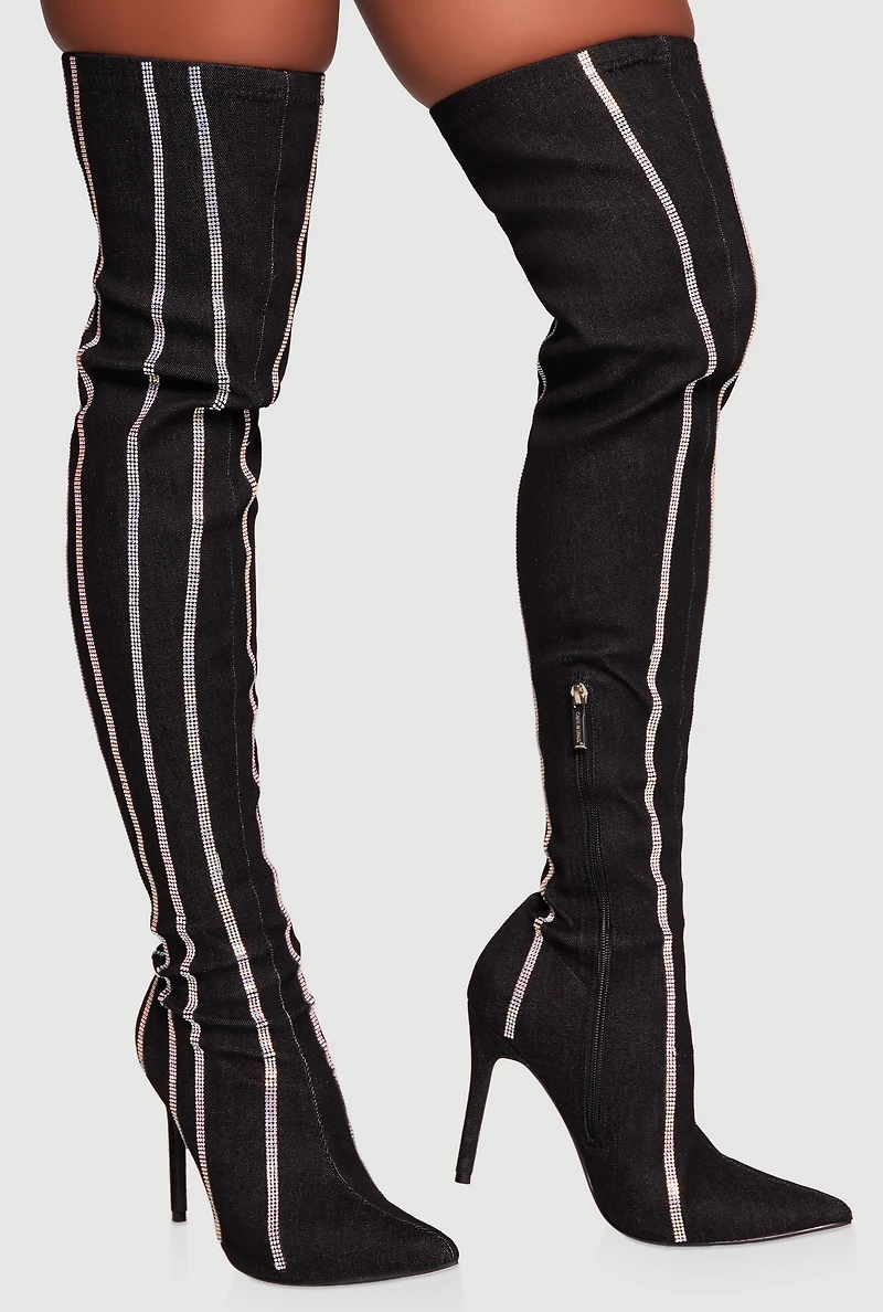 Rhinestone Striped Denim Thigh High Stiletto Boots