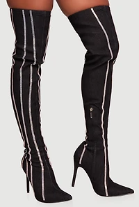 Rhinestone Striped Denim Thigh High Stiletto Boots