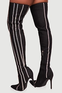 Rhinestone Striped Denim Thigh High Stiletto Boots