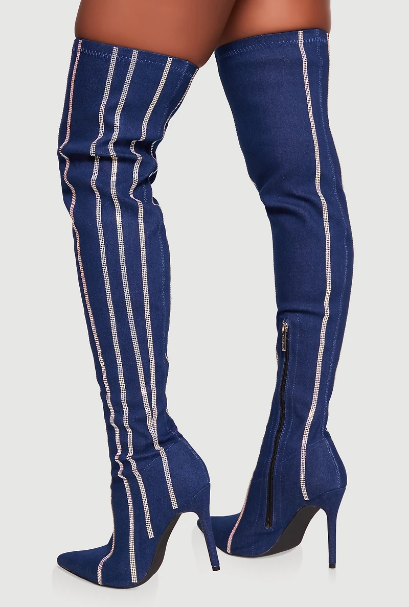 Rhinestone Striped Denim Thigh High Stiletto Boots