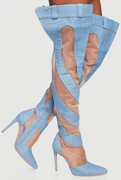 Chevron Mesh Insert Denim Thigh High Stiletto Heel Boots