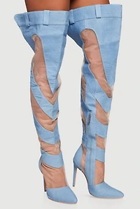 Chevron Mesh Insert Denim Thigh High Stiletto Heel Boots