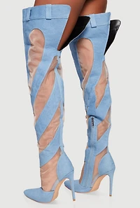 Chevron Mesh Insert Denim Thigh High Stiletto Heel Boots