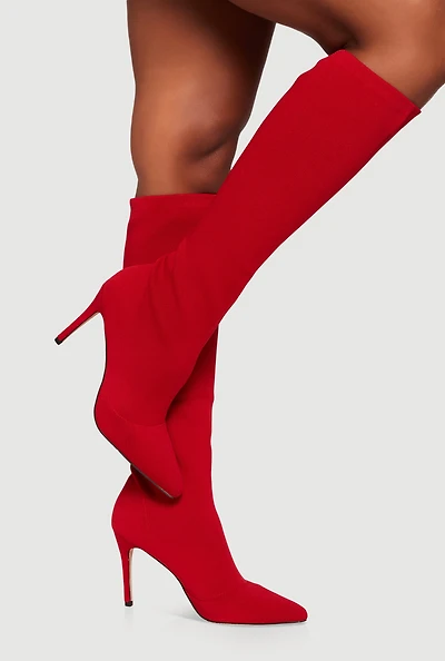 Womens Stiletto Pointy Toe Knee High Sock Boots, Red,
