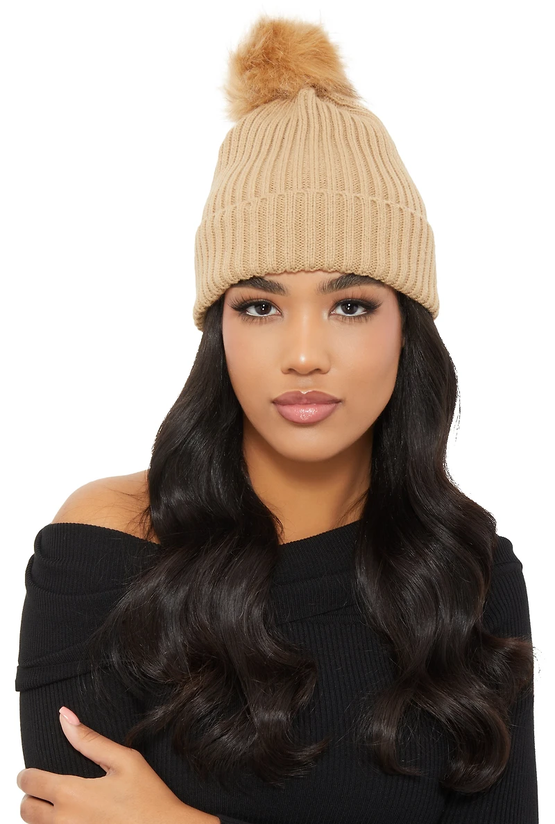 Ribbed Knit Faux Fur Pom Pom Beanie