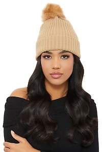 Ribbed Knit Faux Fur Pom Pom Beanie