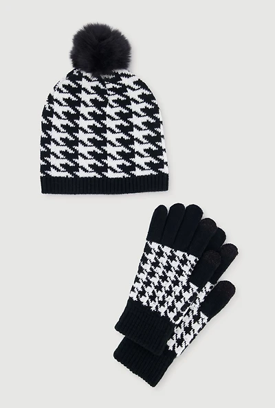 Houndstooth Pom Pom Beanie and Gloves Set