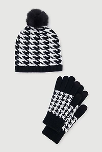Houndstooth Pom Pom Beanie and Gloves Set