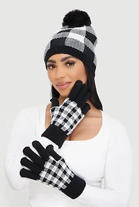 Gingham Pom Pom Beanie and Gloves Set