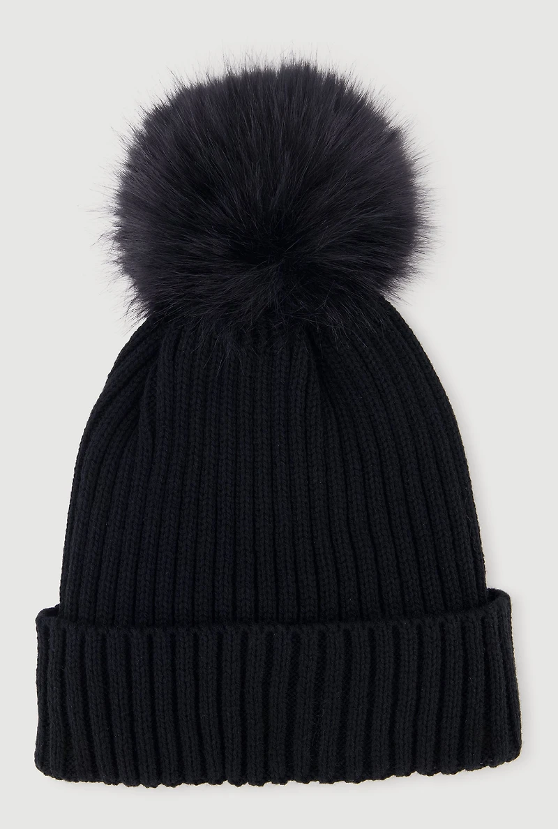 Trendy Faux Fur Pom Pom Detail Ribbed Knit Beanie