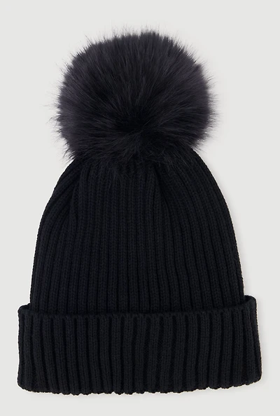 Trendy Faux Fur Pom Pom Detail Ribbed Knit Beanie