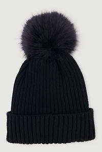 Trendy Faux Fur Pom Pom Detail Ribbed Knit Beanie