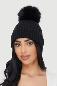 Trendy Faux Fur Pom Pom Detail Ribbed Knit Beanie