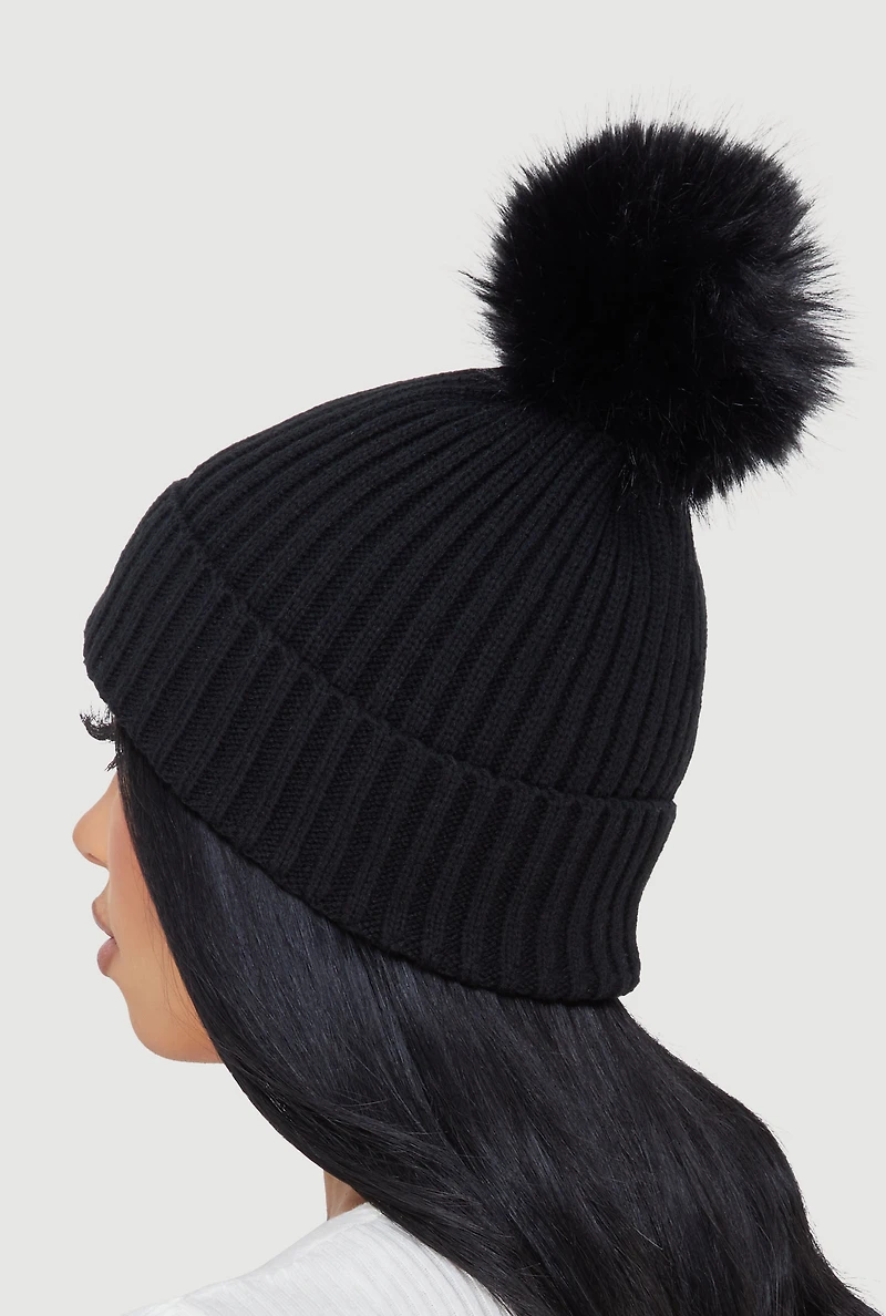 Trendy Faux Fur Pom Pom Detail Ribbed Knit Beanie