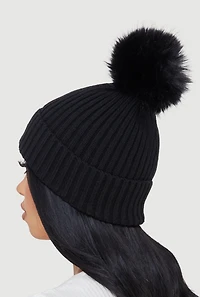 Trendy Faux Fur Pom Pom Detail Ribbed Knit Beanie