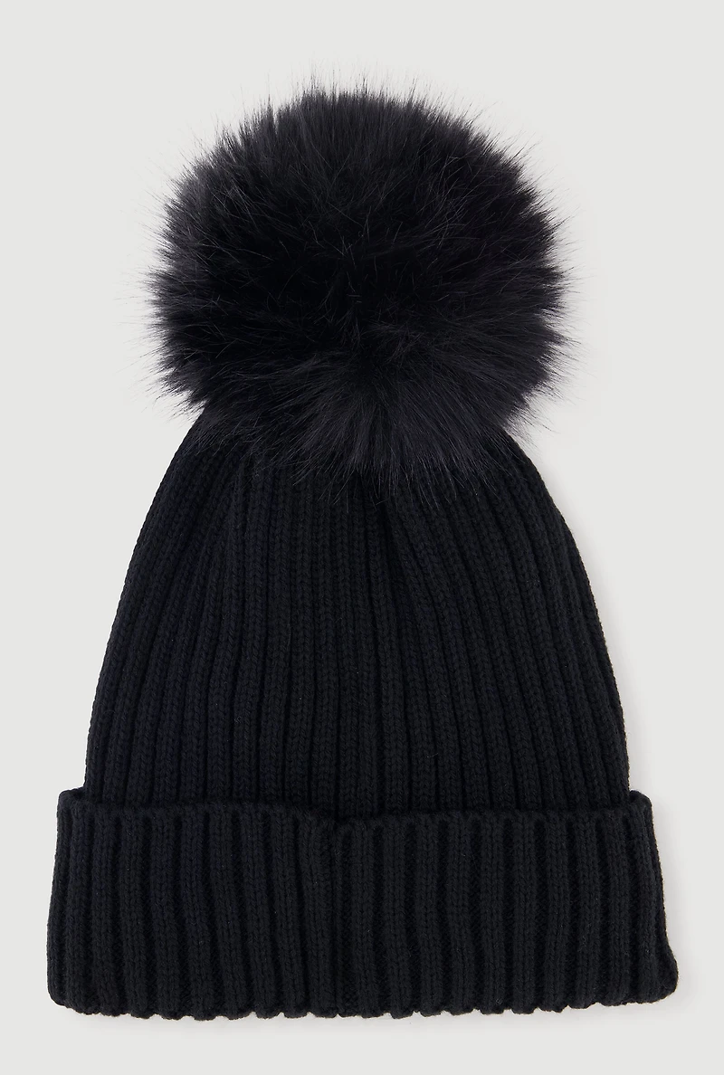 Trendy Faux Fur Pom Pom Detail Ribbed Knit Beanie