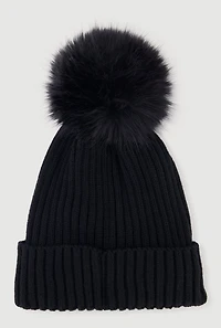 Trendy Faux Fur Pom Pom Detail Ribbed Knit Beanie