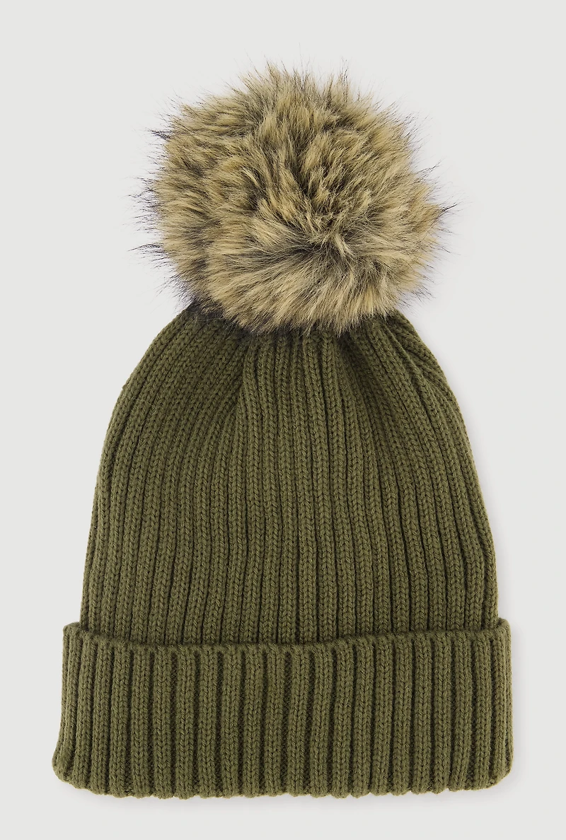 Trendy Faux Fur Pom Pom Detail Ribbed Knit Beanie