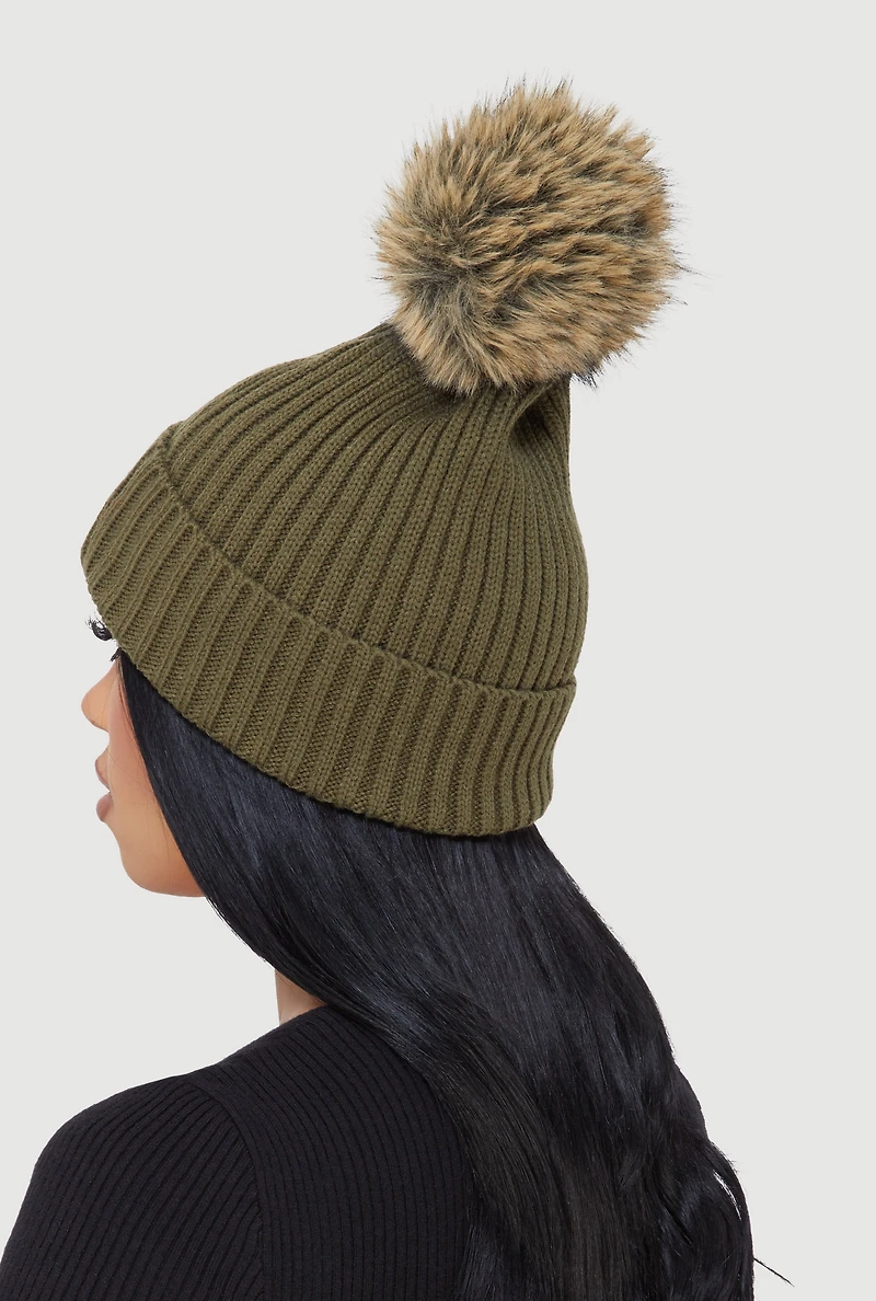 Trendy Faux Fur Pom Pom Detail Ribbed Knit Beanie