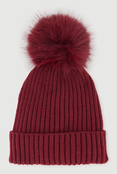 Trendy Faux Fur Pom Pom Detail Ribbed Knit Beanie