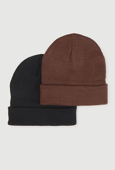 Womens Solid Rib Knit Cuffed Beanie 2 Pack, Brown