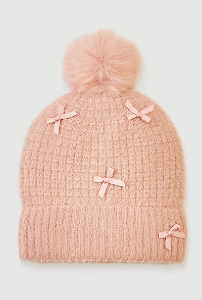 Lurex Eyelash Knit Bow Pom Pom Beanie