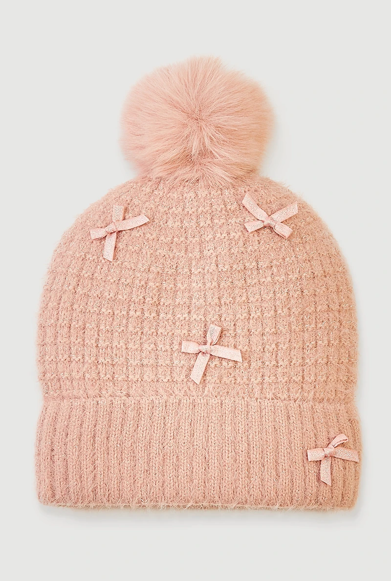 Lurex Eyelash Knit Bow Pom Pom Beanie