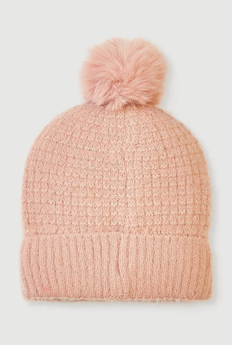 Lurex Eyelash Knit Bow Pom Pom Beanie