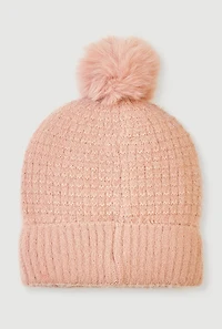 Lurex Eyelash Knit Bow Pom Pom Beanie