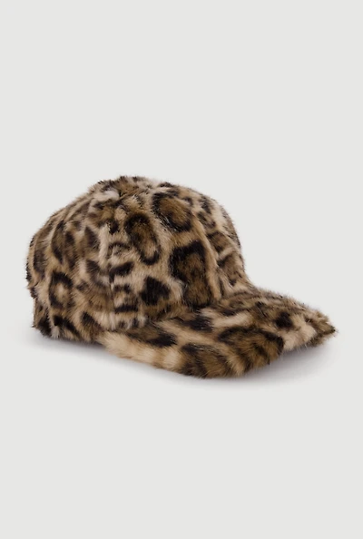 Leopard Print Faux Fur Baseball Cap