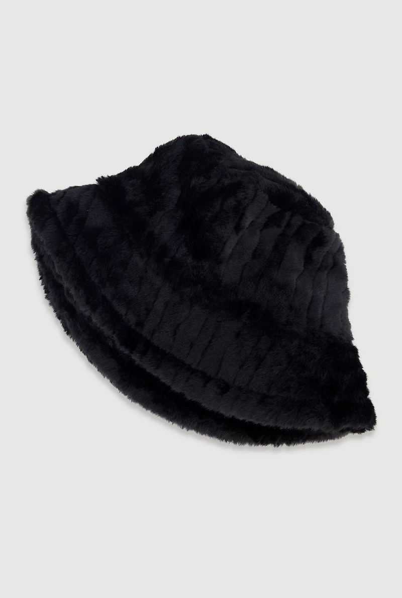 Faux Fur Ribbed Knit Bucket Hat
