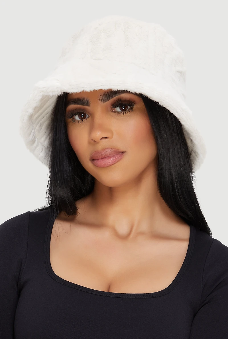 Womens Faux Fur Ribbed Knit Bucket Hat, White