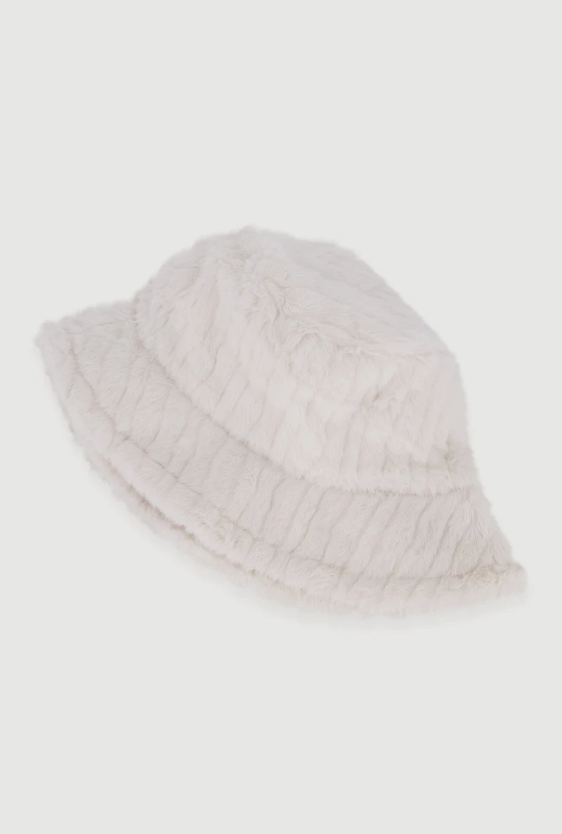 Womens Faux Fur Ribbed Knit Bucket Hat, White