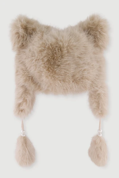 Womens Faux Fur Bear Ears Trapper Hat, Beige