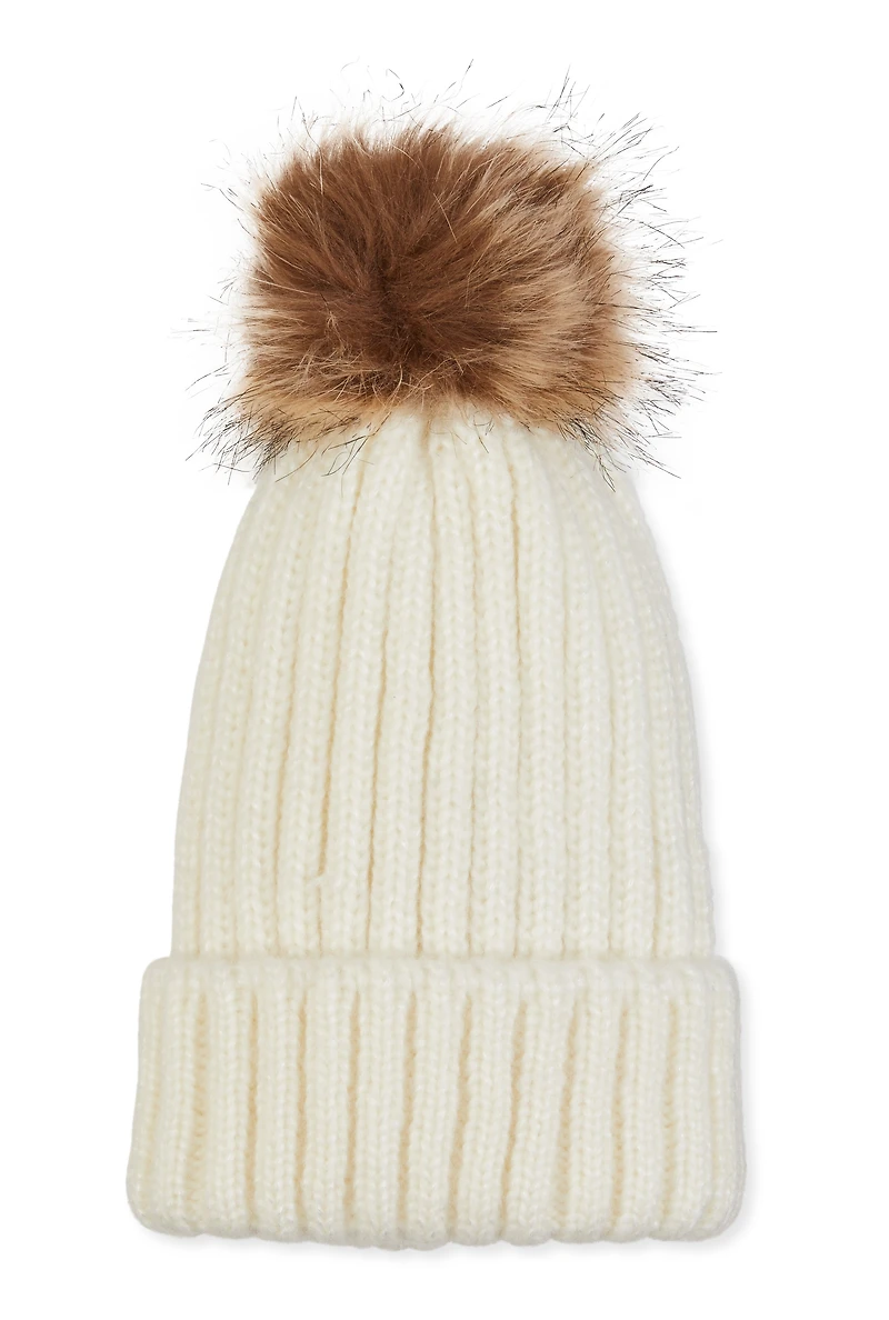 Faux Fur Pom Pom Cable Knit Beanie