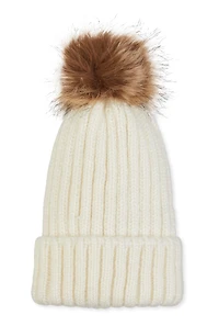 Faux Fur Pom Pom Cable Knit Beanie