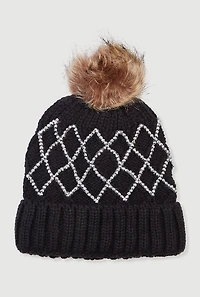 Rhinestone Pattern Knitted Beanie with Pom Pom