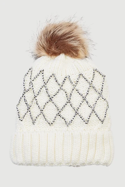 Rhinestone Pattern Knitted Beanie with Pom Pom