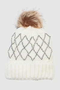 Rhinestone Pattern Knitted Beanie with Pom Pom