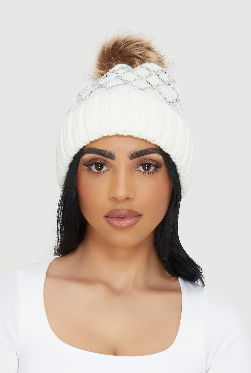 Rhinestone Pattern Knitted Beanie with Pom Pom