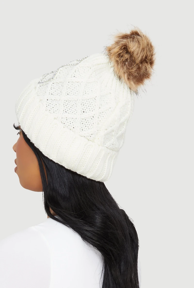 Rhinestone Pattern Knitted Beanie with Pom Pom
