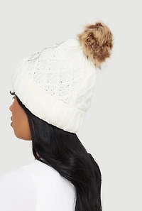 Rhinestone Pattern Knitted Beanie with Pom Pom