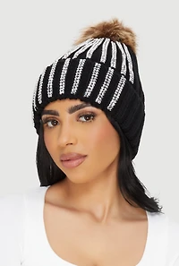 Rhinestone Beanie with Faux Fur Pom Pom