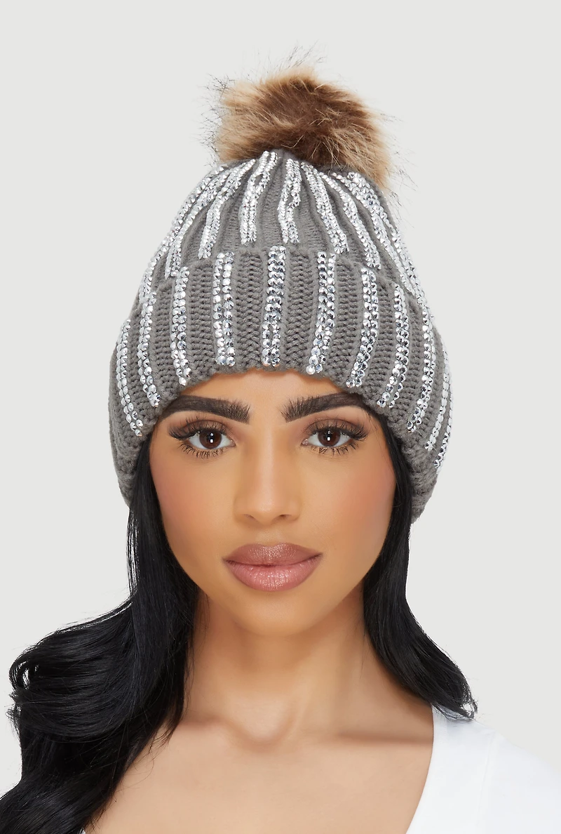 Rhinestone Beanie with Faux Fur Pom Pom