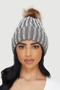 Rhinestone Beanie with Faux Fur Pom Pom